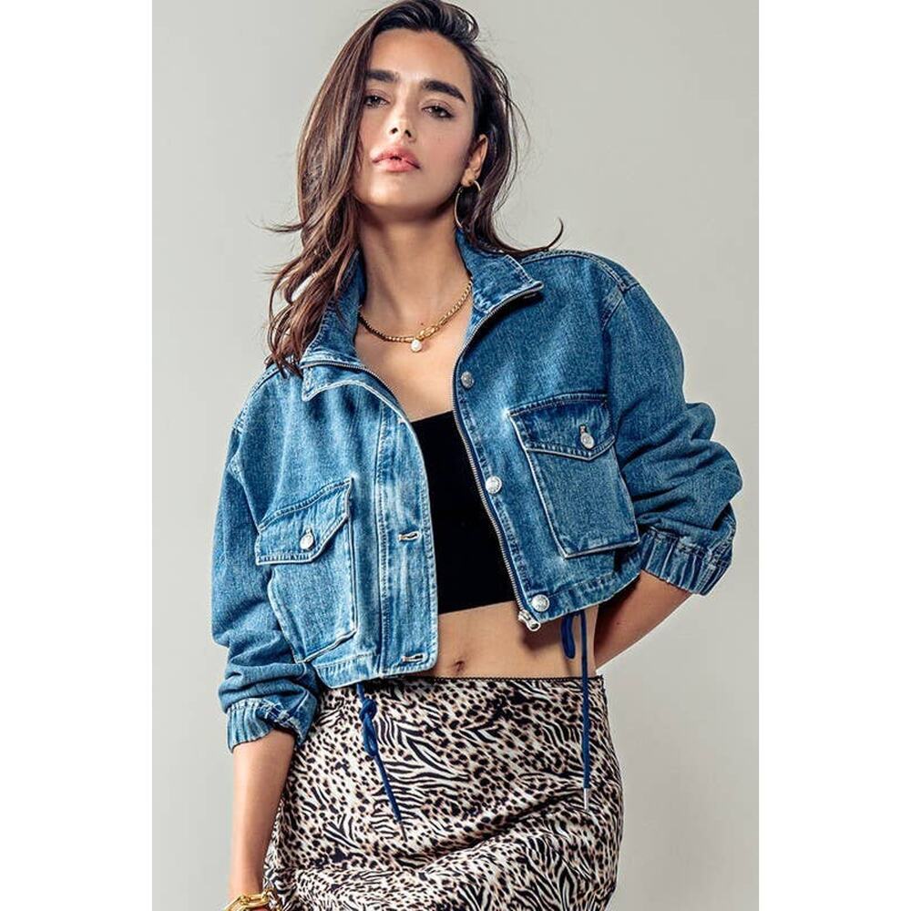 Urban Daizy Utility Cropped Drawstring Hem Stand Collar Denim Jacket - Picture 5 of 16